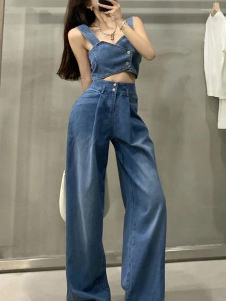 Женские брюки из двух предметов LY VAREY LIN, летние женские модные сексуальные жилеты, джинсовый комплект, камзол без рукавов, короткие топы с высокой талией и широкими штанинами