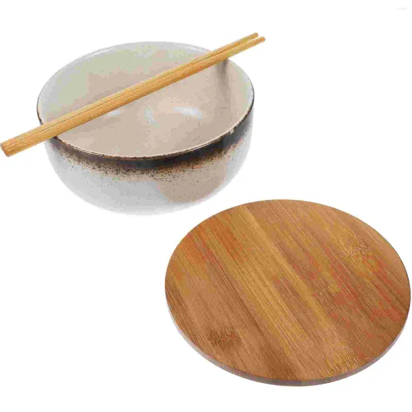 Conjuntos de louça de cerâmica tigela de sopa de macarrão de cerâmica uso diário tigelas ramen reutilizável resistente ao desgaste capa de bambu compacta