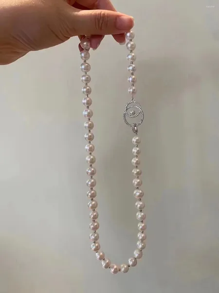 Цепи 925 серебряного серебряного серебра высокого шикарного пресной воды 9-10 мм круглый конец белый подлинные жемчужные ожерелья для женских праздников подарки