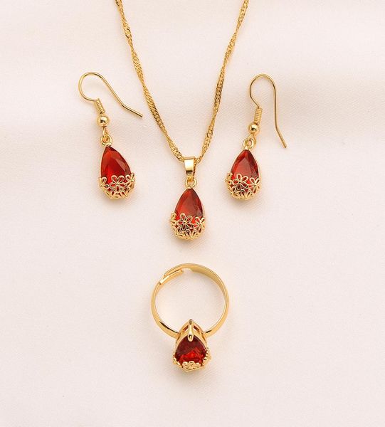 Set di gioielli in cristallo rosso con goccia d'acqua, collana con ciondolo, orecchini, anello in oro massiccio 24k, GF, grande gemma rettangolare con 4166253