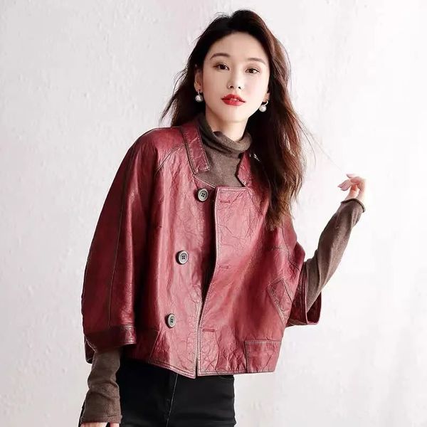 Giacca in pelle di qualità femminile corta allentata imitazione pelle di pecora giacca tinta unita autunno versione coreana di aria matura leggera 231226