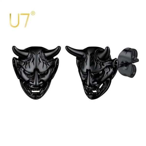 U7 Hannya Mask Stud Brincho para homens Mulheres Aço inoxidável Antigo japonês Oni Devil Horn Brincos Amulet Punk Jewel Presente 231227