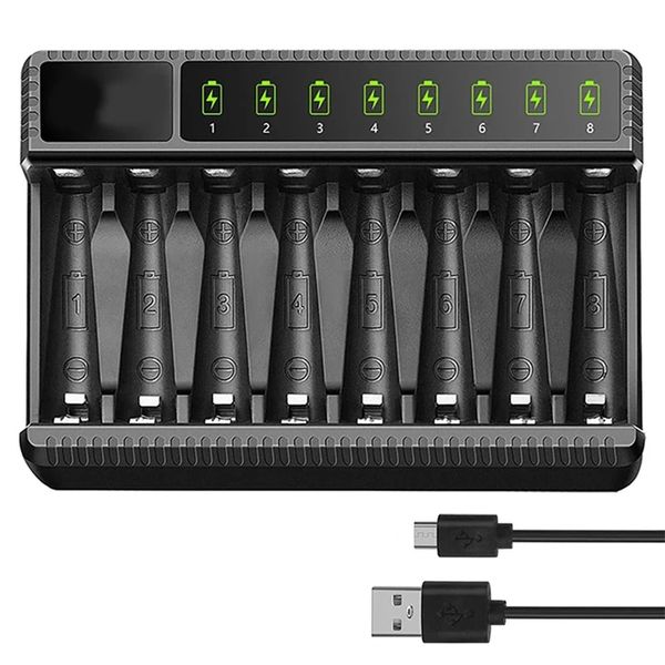 Caricatore a batteria AA Intelligente Smart Charging a 8 slot per batterie AAA NI-MH a 1,2 V, con protezione da sovraccarico e surriscaldamento