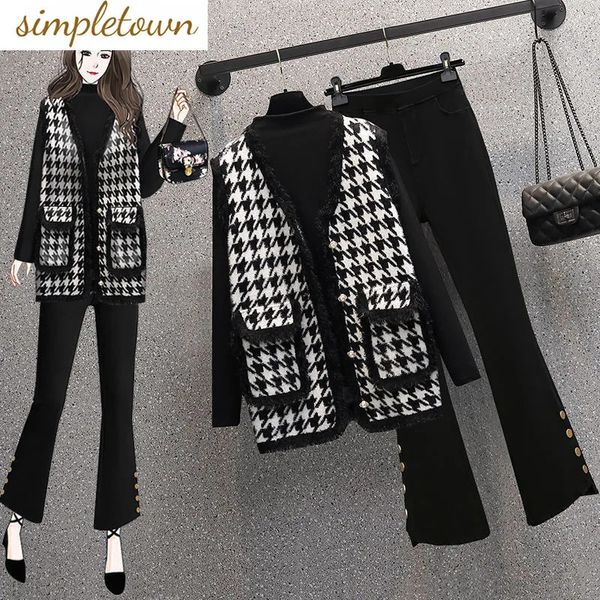 Plaid Spleißgestricke Weste Pullover Langarm T -Shirt Glockenboden Drei -Stück elegante Frauen Hose Set Herbstoutfits 231227