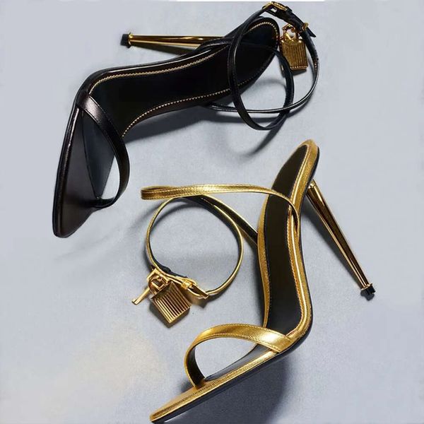 Designer padlock sandali a punta da donna con tacco alto 10,5 cm Scarpe abiti da lucchetto con fibbia per festa nuda con borsa 506