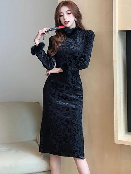 Casual Kleider Herbst Winter Schwarz Jacquard Plus Samt Lange Drrss Frauen Dicke Warme Abendkleid 2023 Koreanische Vintage Hepburn Luxus prom