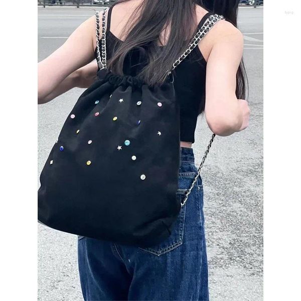 Sacos escolares diamantes design prata couro mochila crossbody para mulheres 2023 designer de luxo coreano moda corrente cordão bolsas