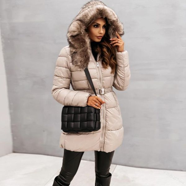 Женское пуховое женское хлопковое пальто с длинными рукавами и капюшоном, теплая талия, длинное зимнее однотонное повседневное меховое пальто с воротником-стойкой