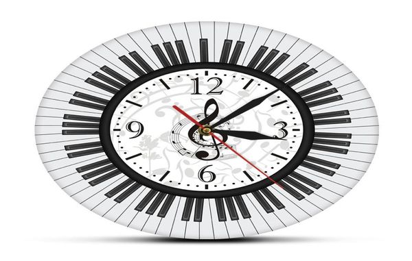 Tastiera di pianoforte Chiave di violino Arte della parete Orologio da parete moderno Note musicali Orologio da parete in bianco e nero Music Studio Decor Pianista Regalo Y208075532