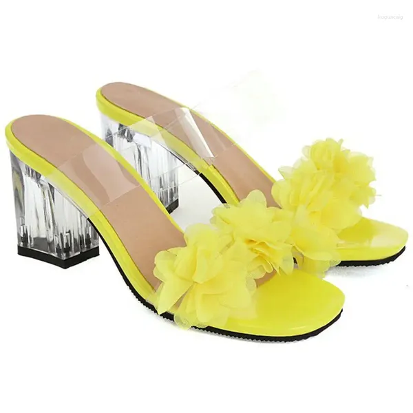 Сандалии Sianie Tianie, 2023, богемная пикантная женская летняя обувь с открытым носком, желтые женские шлепанцы с цветочным принтом на высоком каблуке из ПВХ