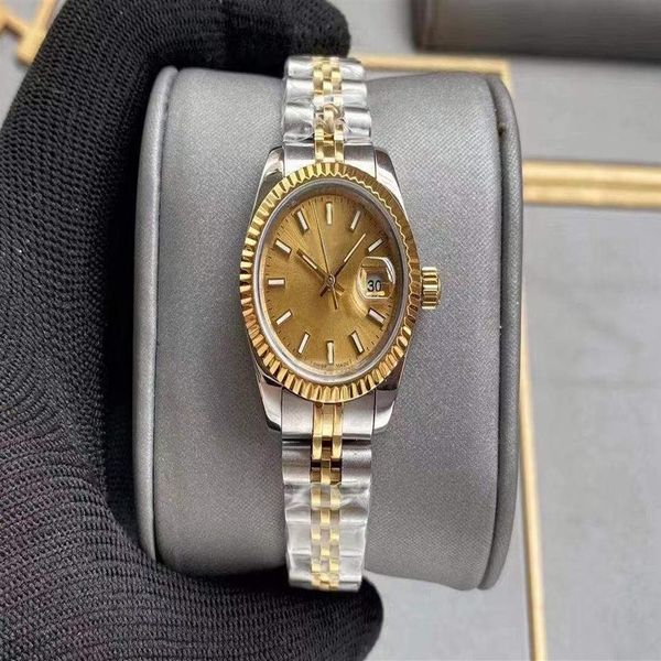 Mooie hoge kwaliteit mode gouden dames dress watch 28 mm mechanische automatische dameshorloges roestvrijstalen band bracel318R