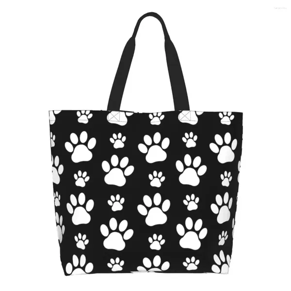 Sacos de compras Reciclagem Filhote de Cachorro Bonito Padrão Bolsa de Ombro Tote Lavável Patas de Cão Imprime Pet Mercearia Shopper