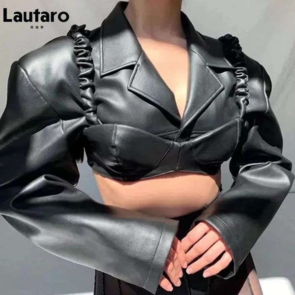 Lautaro primavera outono curto preto luz falso jaqueta de couro feminino manga longa lapela pista elegante sexy moda recortada topo 231226