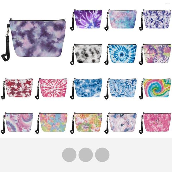 Sacos cosméticos Mulheres Flat-Top Maquiagem Bag Tie-Dye Padrão Pulseira Portátil Corda Fácil de Transportar À Prova D 'Água PU Espaço Couro Fit Travel