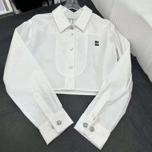 Bahar bayan gömlek tasarımcı bluz lüks kırpılmış uzun kollu gömlek moda rhinestone düğmeleri manşetler beyaz gömlek üst hırka ceket kadın giyim
