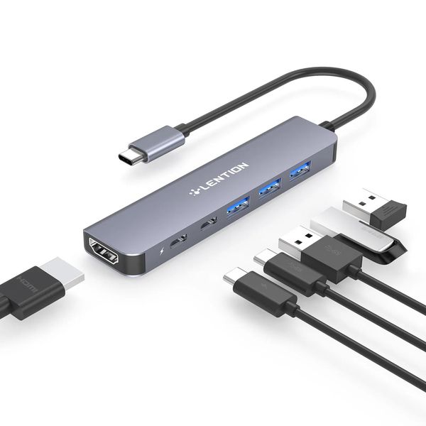 Hubs Lention USB C Hub, 6 arada 1 USB C - USB adaptörüne, 4K HDMI ile C Tipi Multiport Dongle, C bağlantı noktası veri bağlantı noktası, USB 3.0, 100W PD Compatibl