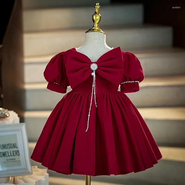 Mädchen Kleider quadratische Kragen Perlen Design Kid Geburtstag Robe Ärmel schlanker Taille 2023 hintere Bow Prinzessin Kleid