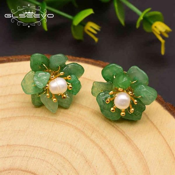 GLSEEVO naturel Jade perle boucles d'oreilles pour femmes maman anniversaire jour cadeau 925 en argent Sterling fleur boucle d'oreille bijoux fins GE0780 21244k