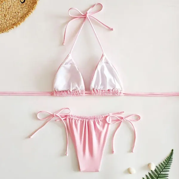 Kadın mayo 2pcs/set bikini set yıkanabilir sırtsız yular üçgen sütyen yan kravat tanga kıyafetleri kadın mayo yaz