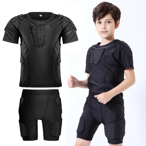 Vestidos infantil camisa de compressão de futebol shorts com pastilhas de manga curta Kids Youth Gooleeper Protetive Protetive for Soccer Baseball