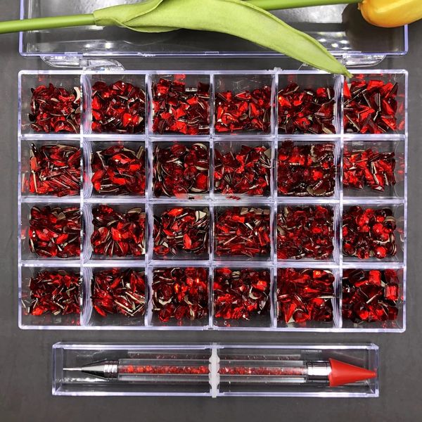 Glas-Nagelkristalle, Bling-Box, rote Box mit 24 Gittern und 1 Stück DottingAB-Kristall, durchsichtiger MultiShape-Gem mit flacher Rückseite, 231226