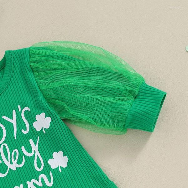 Kleidungssets Baby Mädchen St. Patricks Day Outfits Kleeblatt Briefdruck Langarm Strampler Schlaghose Schlaghose Stirnband Grüne Kleidung