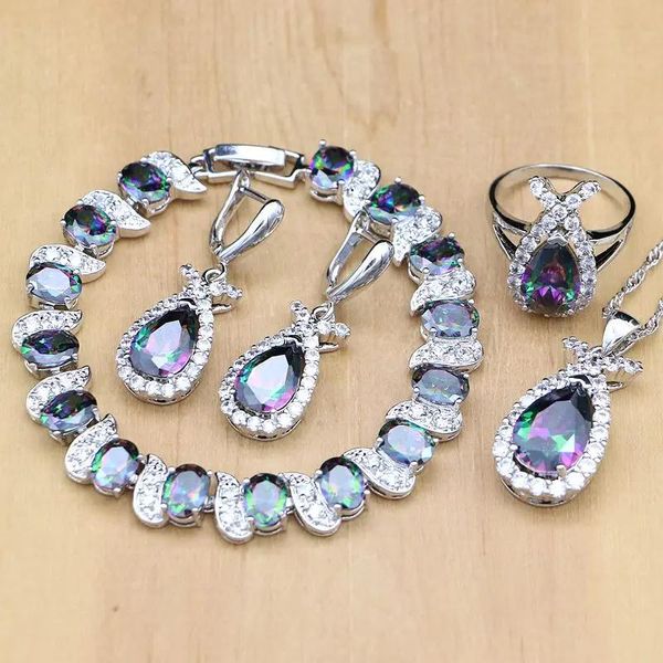 Bracciali Natural Mystic Arcobaleno Zircone Pietra Pesce Sier Set di gioielli per le donne Orecchini da festa/pendente/anello/bracciale/collana Set