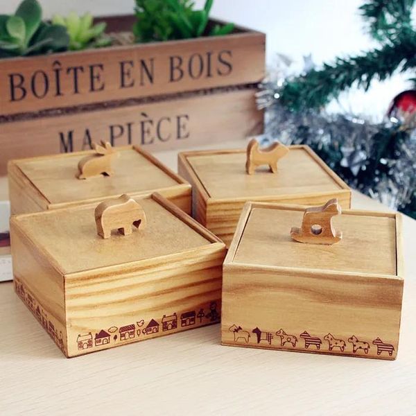 Bins Vintage Holz 3D niedlichen Tier Holz Aufbewahrungsbox Schmuckschatulle kleine quadratische Desktop-Aufbewahrung Schmuck Fall Fall