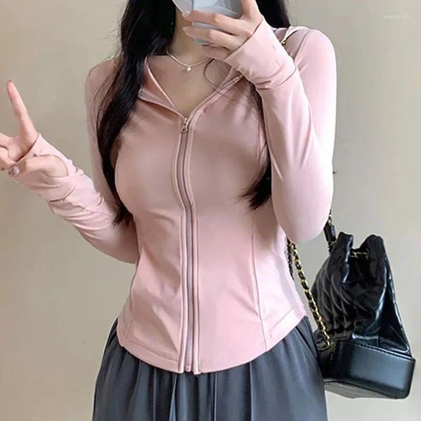 Mulheres camisetas Zoki Y2K com capuz à prova de sol Mulheres Harajuku Sexy Slim Zipper All Match Sólido Crop Tops Coreano Manga Longa Casual Tracksuit