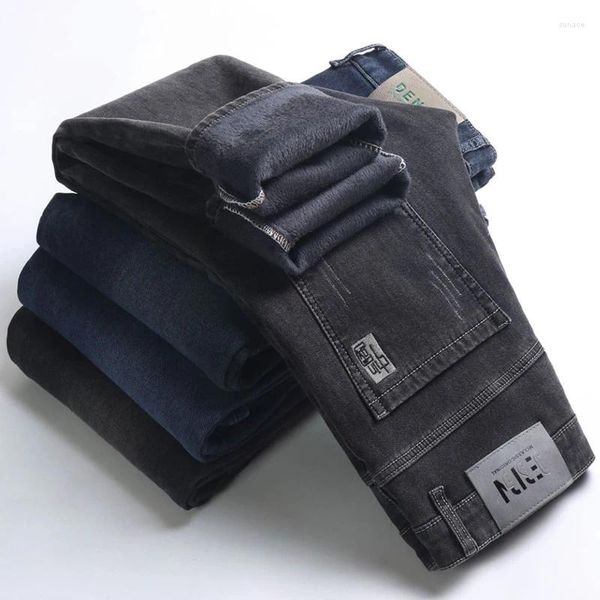Мужские джинсы теплые стройные джинсовые штаны Зимний флис классический черный упругой утолщен. Случайные брюки бренда бизнеса