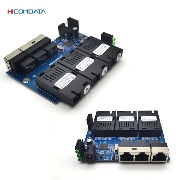 Hicomdata 20km 100m interruptor de fibra óptica conversor de mídia 3 fibra 3 rj45 simplex ethernet transceptor de modo único adaptador pcba