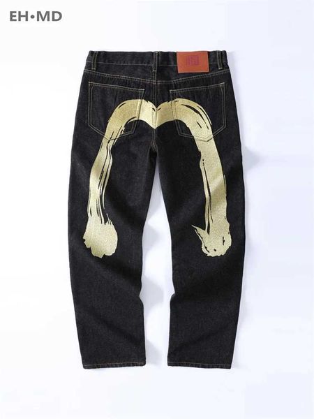 Jeans masculinos EH MD Japonês Linha de Ouro M Bordado Jeans Masculino Solto Reto Hip Hop Popular Slim Fit Calças Jeans Preto Vermelho Orelha Algodão 24 T231227