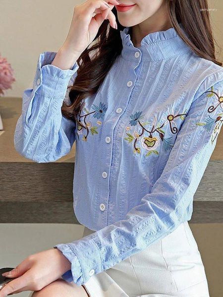 Frauenblusen Vintage Blumenstickte Baumwollknopf Hemd für Frauen Herbst koreanische elegante lässige Langarm Slim Office Lady Bluse