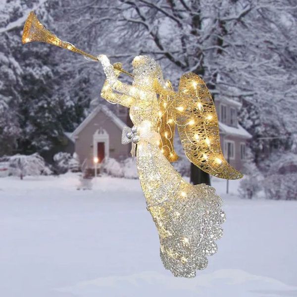 Decorações de jardim Anjo iluminado dourado com trompete ao ar livre Decoração de quintal de Natal Scpture Art Holiday Winter
