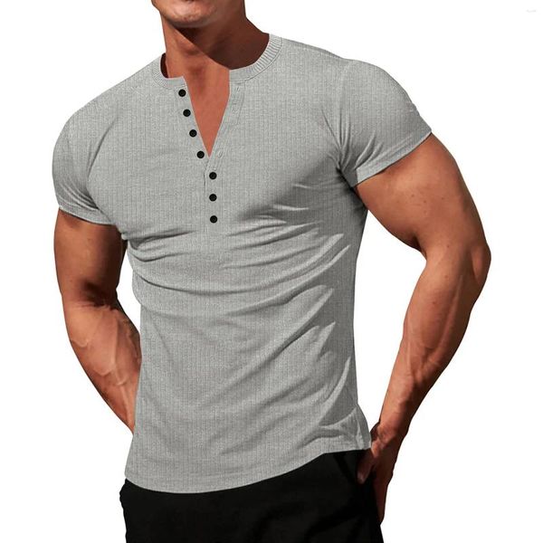Erkek Tişörtleri Erkek Örgü Stretch Henley gömlek Egzersiz İnce Fit Kısa Kollu Tees Atletik Kas Gündelik Gevşek Sokak Giyim All Maç