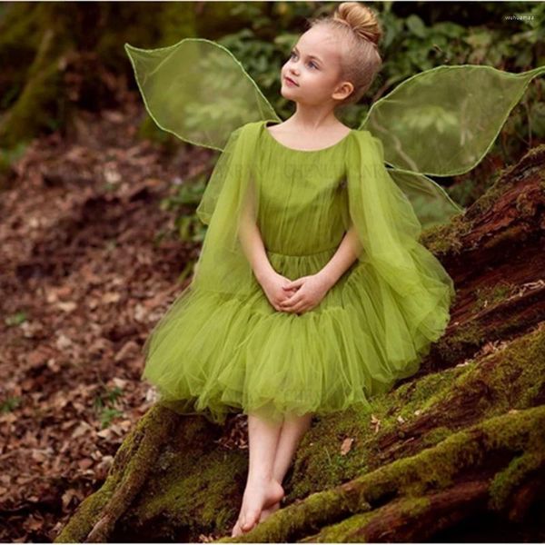 Vestidos da menina primeira comunhão verde tule princesa flor pequeno vestido para festa de aniversário de casamento bola beleza concurso baile wear