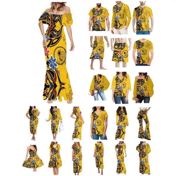 Camisas casuais masculinas Polinésia Chuuk tatuagem imprime roupas mulheres vestido combinando homens camisa estilo confortável plumeria amarelo amantes vestir