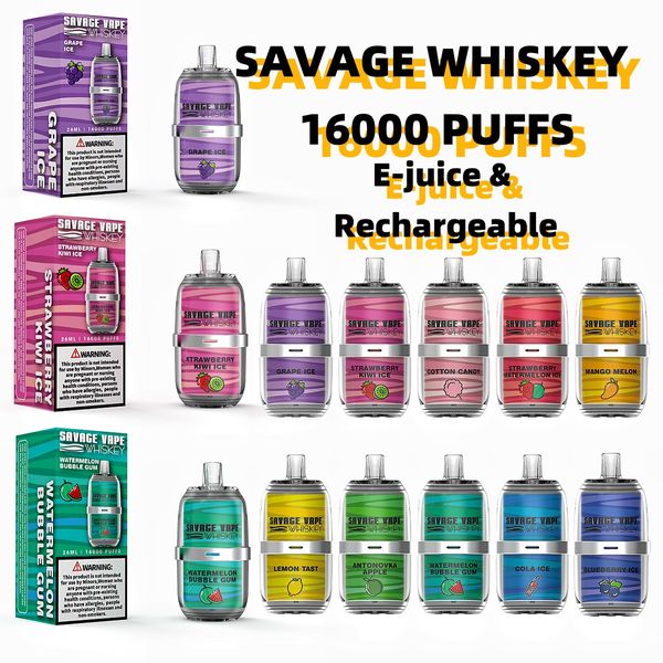 Savage vape Whisky 16000 puff caneta vape descartável 10 sabores 26ml 5% 650mah Bobina de malha 6 cores LGB Light Type-C recarregável Poco Vape vs 12000 puff 15000 Randm Tornado