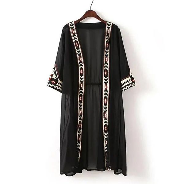 Hemden L231 Mode Damen Schwarz Weiß Farbe Geometrische Stickerei Ethnische Hemd Strickjacke Sommer Sonnencreme Kimono BlusenMX190827