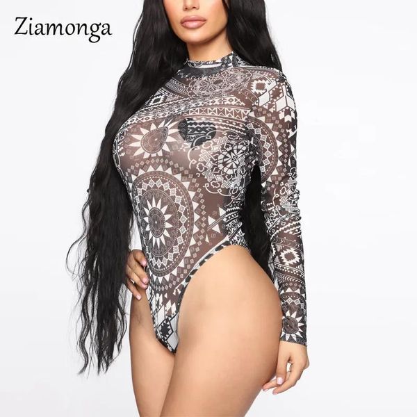 Strampler Ziamonga Casual Tattoo Print Skinny Body 2020 Herbst Winter Frauen Langarm High Neck Sexy Weibliche Streetwear Overalls