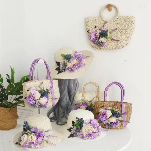 Abendtaschen Kunst und Handwerk lila Blumen Strand Seaside Feiertag Stroh gewebte Tasche Sommer Rattan Handtasche Handwebige Frauen Totes Hut Set