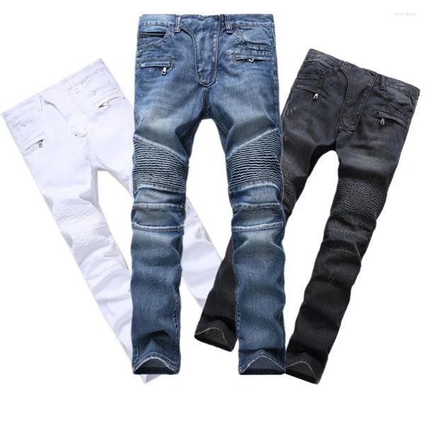 Jeans masculinos motociclista homens skinny esticado com zíperes plissados de alta qualidade slim jean calças calças calças