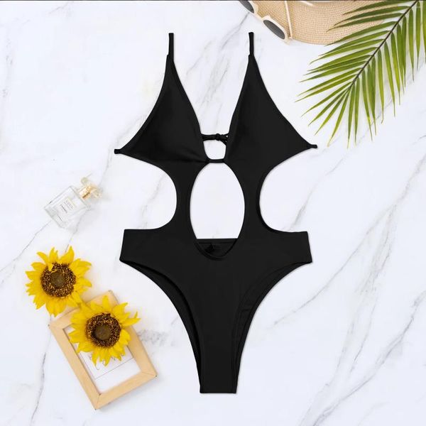 Женские купальные костюмы сексуально одно купание для купальников 2024 Hollow Out Thong Bikini Сплошное черное белое купание без спины пляжная одежда для пляжного костюма