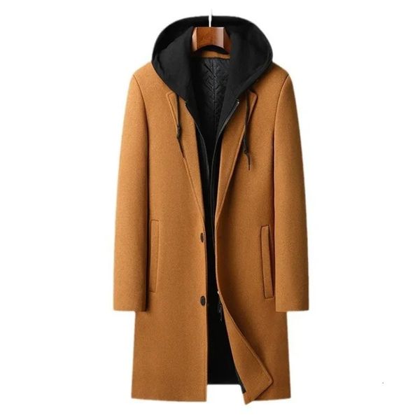 Homens com capuz misturas de lã cashmere longo casual casacos de lã trench coats masculinos casacos de inverno negócios casuais jaquetas de inverno tamanho 4xl 231226