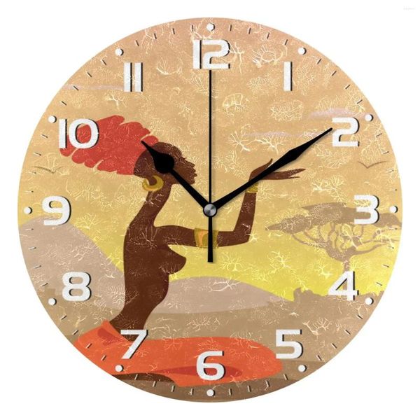 Relógios de parede Silencioso Relógio Africano Mulheres Imprimir Redondo Pendurado Relógio Bateria Operado Não Ticking Silencioso Círculo Home Decor