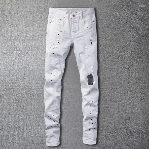 Herren Jeans Top -Qualität Männer Spritzen Tinte Ripped Loch Design Jean Hip Hop Stil dehnbarer Hose für Motorrad Pant Vaqueros Hombre