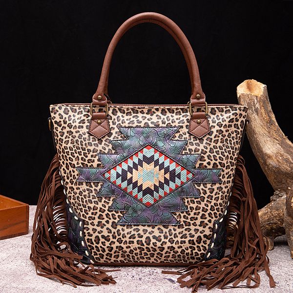 Einkaufstasche mit Leopardenmuster, neuer Stil, Azteken-Blumen-Canvas-Handtasche, modische Umhängetasche mit Fransenbesatz, trendige Damen-Umhängetasche mit Reißverschluss, Quaste und geometrischem Muster