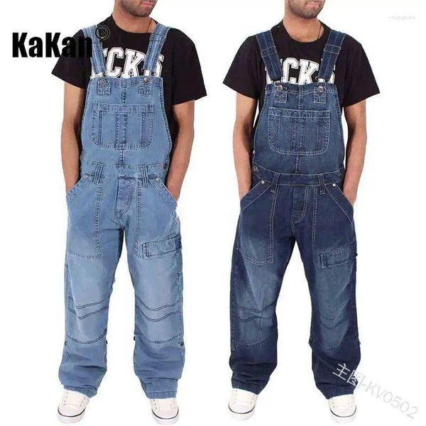 Jeans masculinos Kakan Europeu e Americano Strap Wear Calças Carga Versáteis Simples Multi Bolso Solto Longo K60-0502