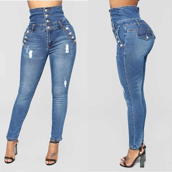 Jeans Plus Size Mulheres Elasticidade Cintura Alta Jeans Butt Lift 3 Botão Slim Fit Skinny Rasgado Buracos Calças Jeans S3XL L230829