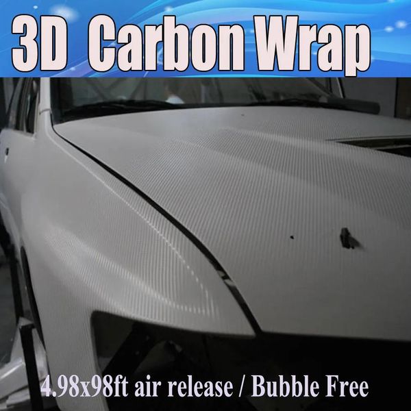 Adesivos brancos 3d de fibra de carbono, vinil, filme envoltório de carro, livre de bolhas de ar, estilo de carro, autoadesivo, folha de carbono para laptop, 1.52x3 0m/rolo